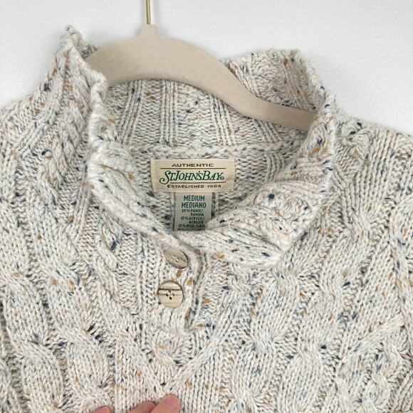 Vintage St. John's Bay Womens M Beige Marled Cable Knit Long Sweater Fisherman - Picture 6 of 14